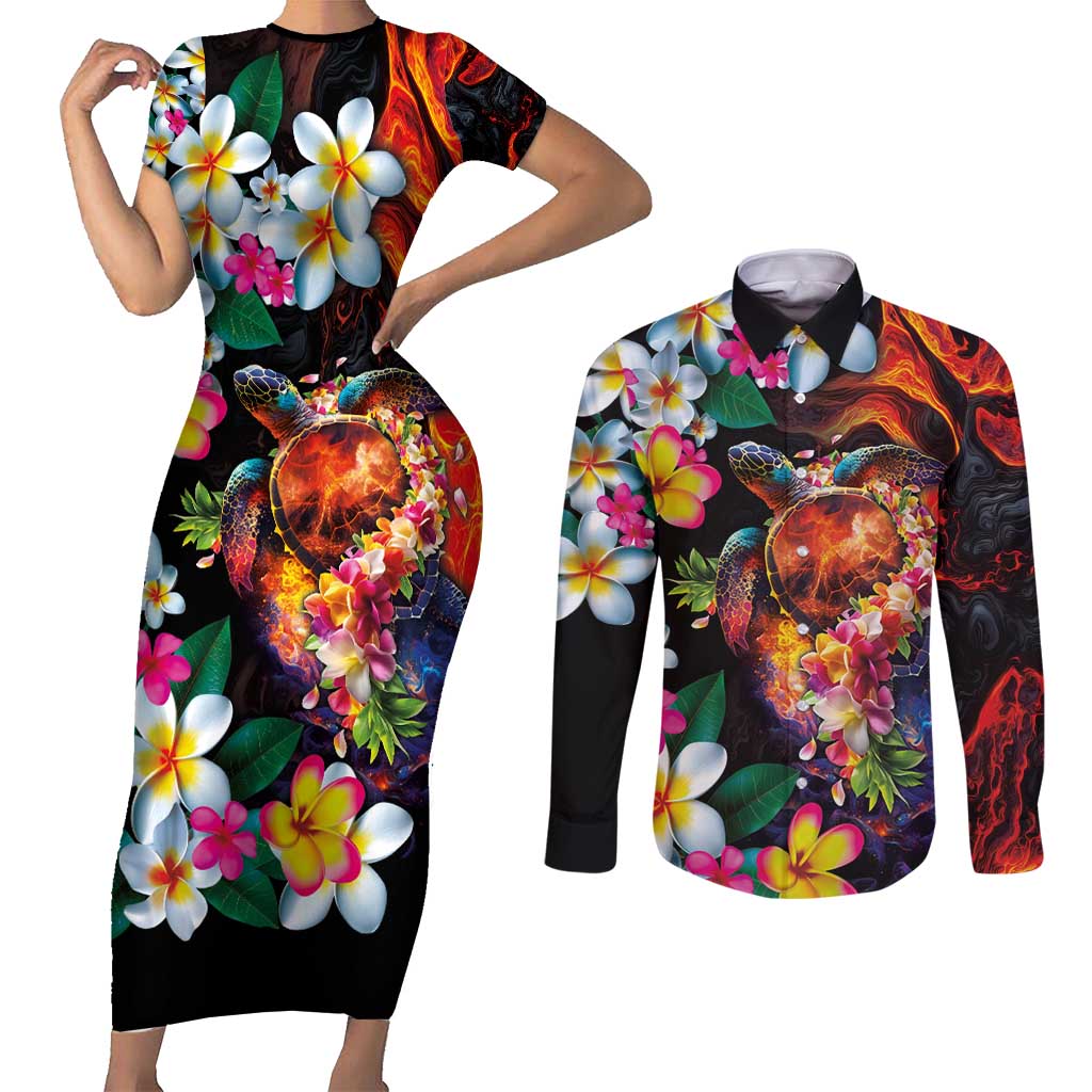 Hawaiian Lei Day Couples Matching Short Sleeve Bodycon Dress and Long Sleeve Button Shirt Colorful Plumeria and Volcanic Turtle with Abstract Lava Texture