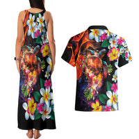 Hawaiian Lei Day Couples Matching Tank Maxi Dress and Hawaiian Shirt Colorful Plumeria and Volcanic Turtle with Abstract Lava Texture