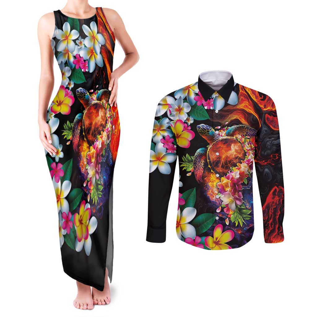 Hawaiian Lei Day Couples Matching Tank Maxi Dress and Long Sleeve Button Shirt Colorful Plumeria and Volcanic Turtle with Abstract Lava Texture