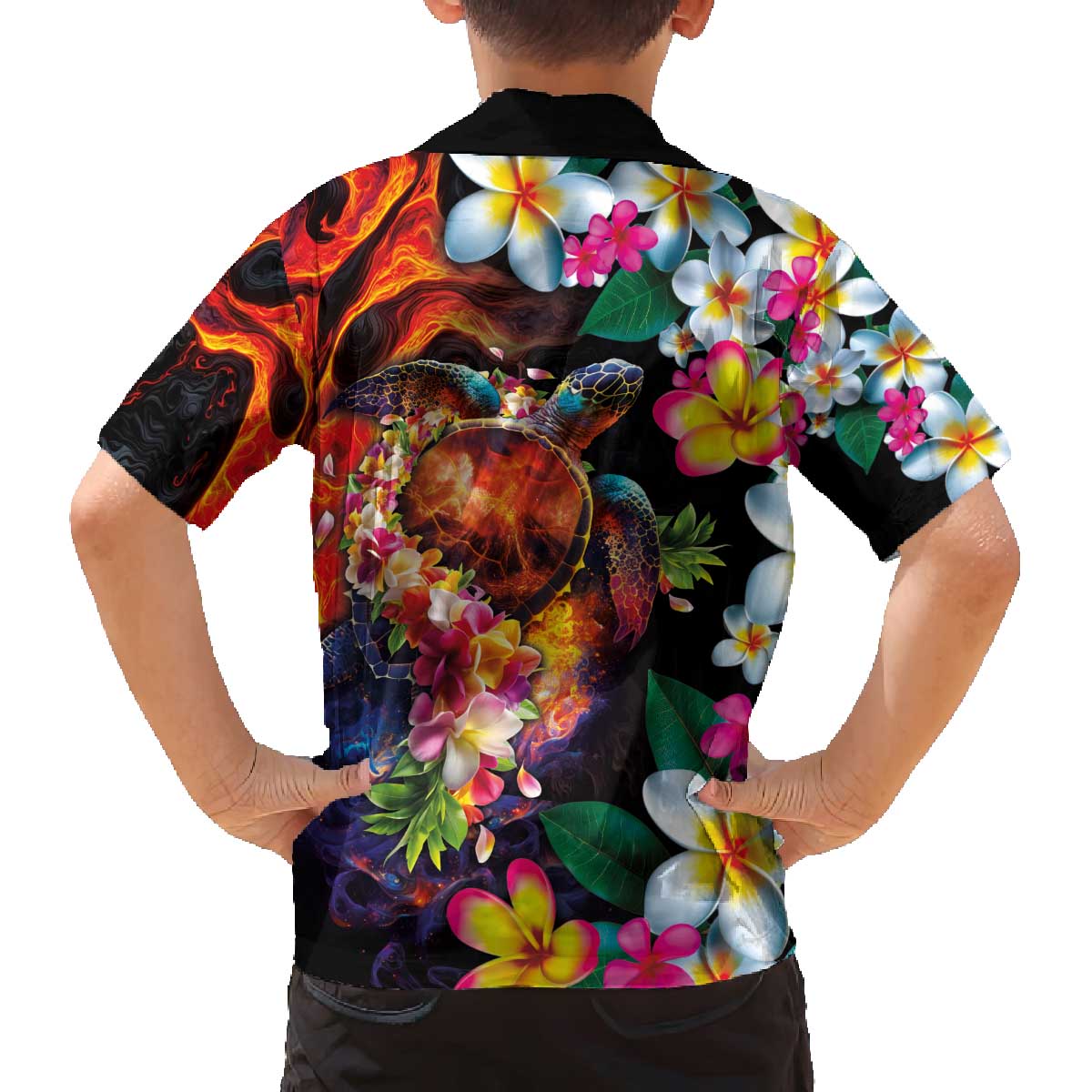 Hawaiian Lei Day Family Matching Off The Shoulder Long Sleeve Dress and Hawaiian Shirt Colorful Plumeria and Volcanic Turtle with Abstract Lava Texture