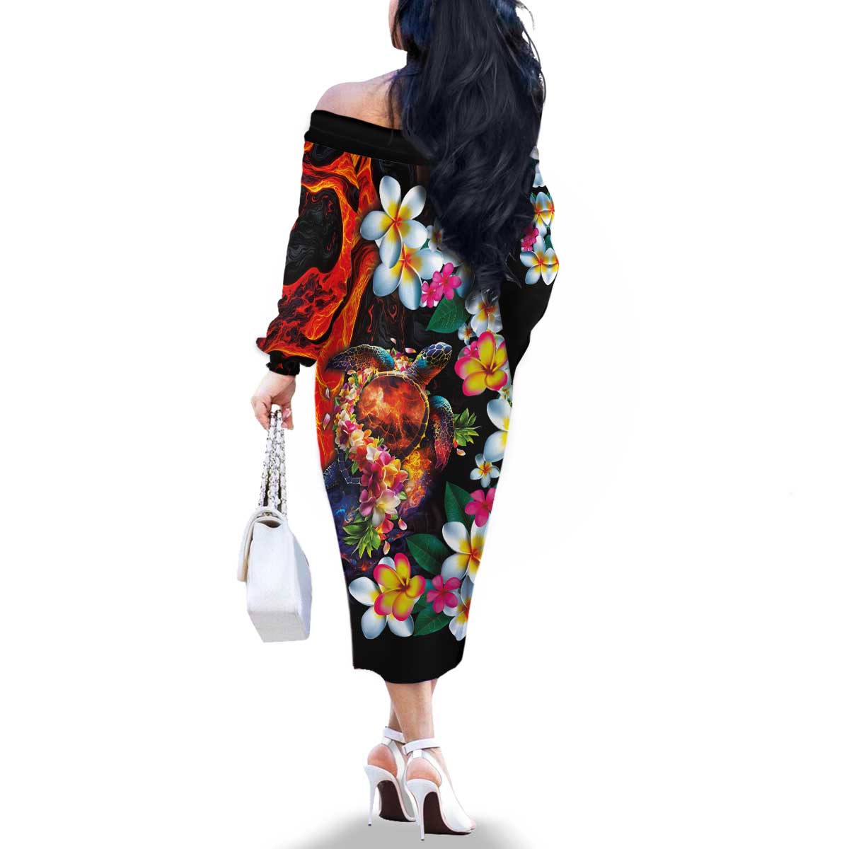 Hawaiian Lei Day Family Matching Off The Shoulder Long Sleeve Dress and Hawaiian Shirt Colorful Plumeria and Volcanic Turtle with Abstract Lava Texture