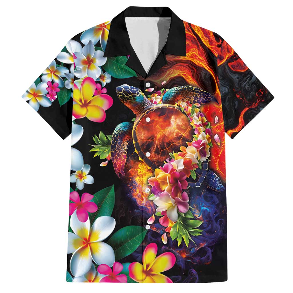 Hawaiian Lei Day Family Matching Off Shoulder Short Dress and Hawaiian Shirt Colorful Plumeria and Volcanic Turtle with Abstract Lava Texture