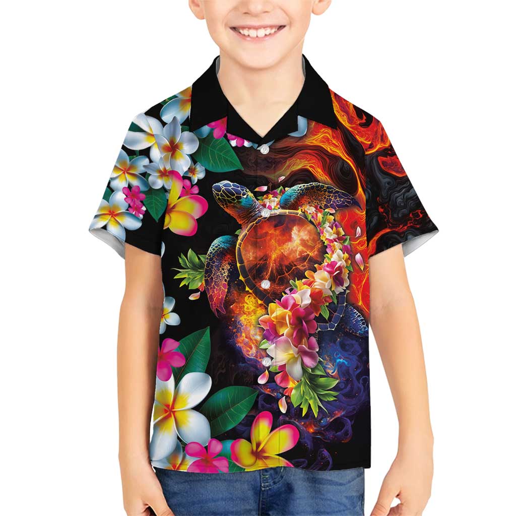 Hawaiian Lei Day Family Matching Summer Maxi Dress and Hawaiian Shirt Colorful Plumeria and Volcanic Turtle with Abstract Lava Texture
