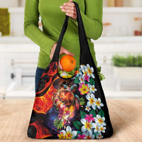 Hawaiian Lei Day Grocery Bag Colorful Plumeria and Volcanic Turtle with Abstract Lava Texture