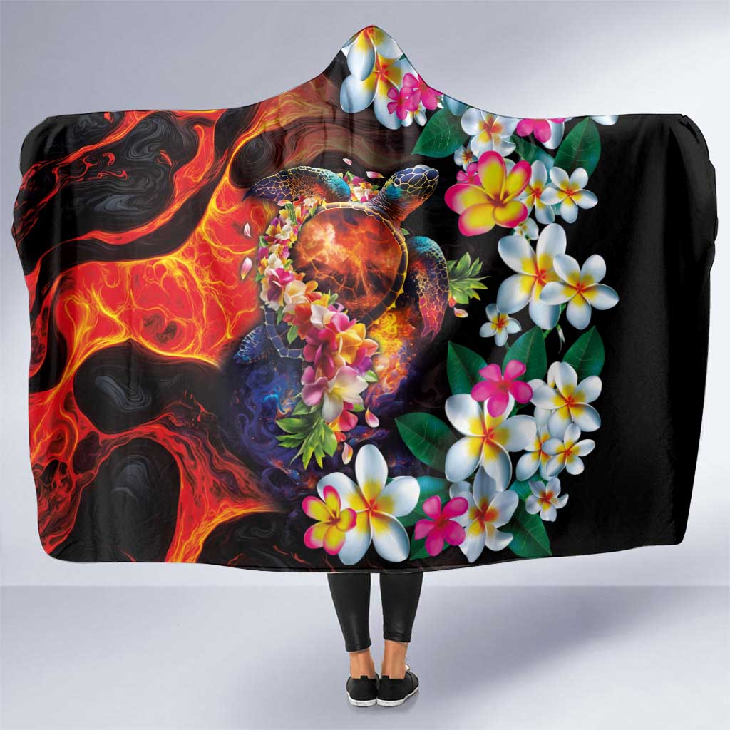 Hawaiian Lei Day Hooded Blanket Colorful Plumeria and Volcanic Turtle with Abstract Lava Texture