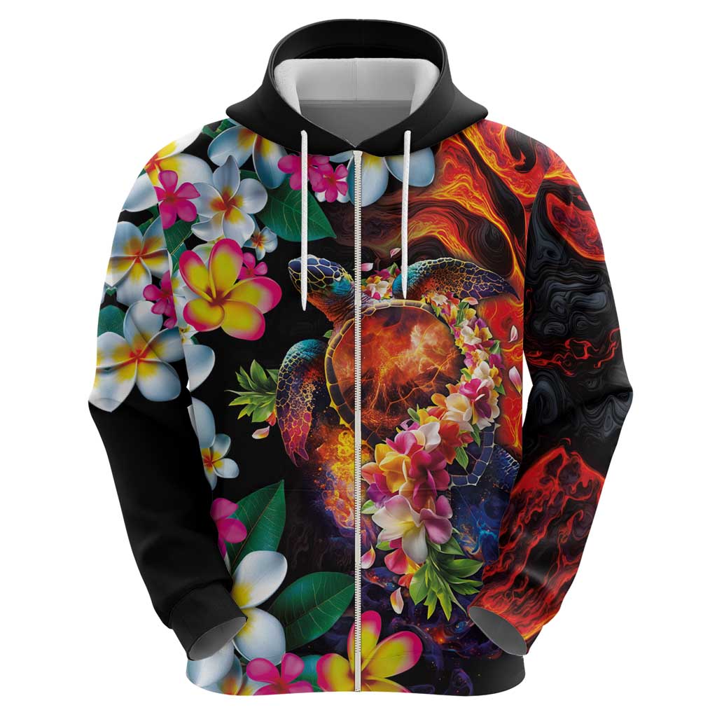 Hawaiian Lei Day Hoodie Colorful Plumeria and Volcanic Turtle with Abstract Lava Texture