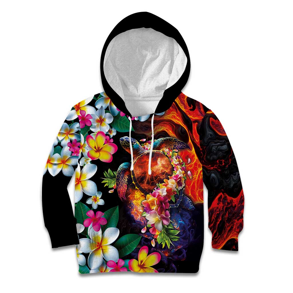 Hawaiian Lei Day Kid Hoodie Colorful Plumeria and Volcanic Turtle with Abstract Lava Texture