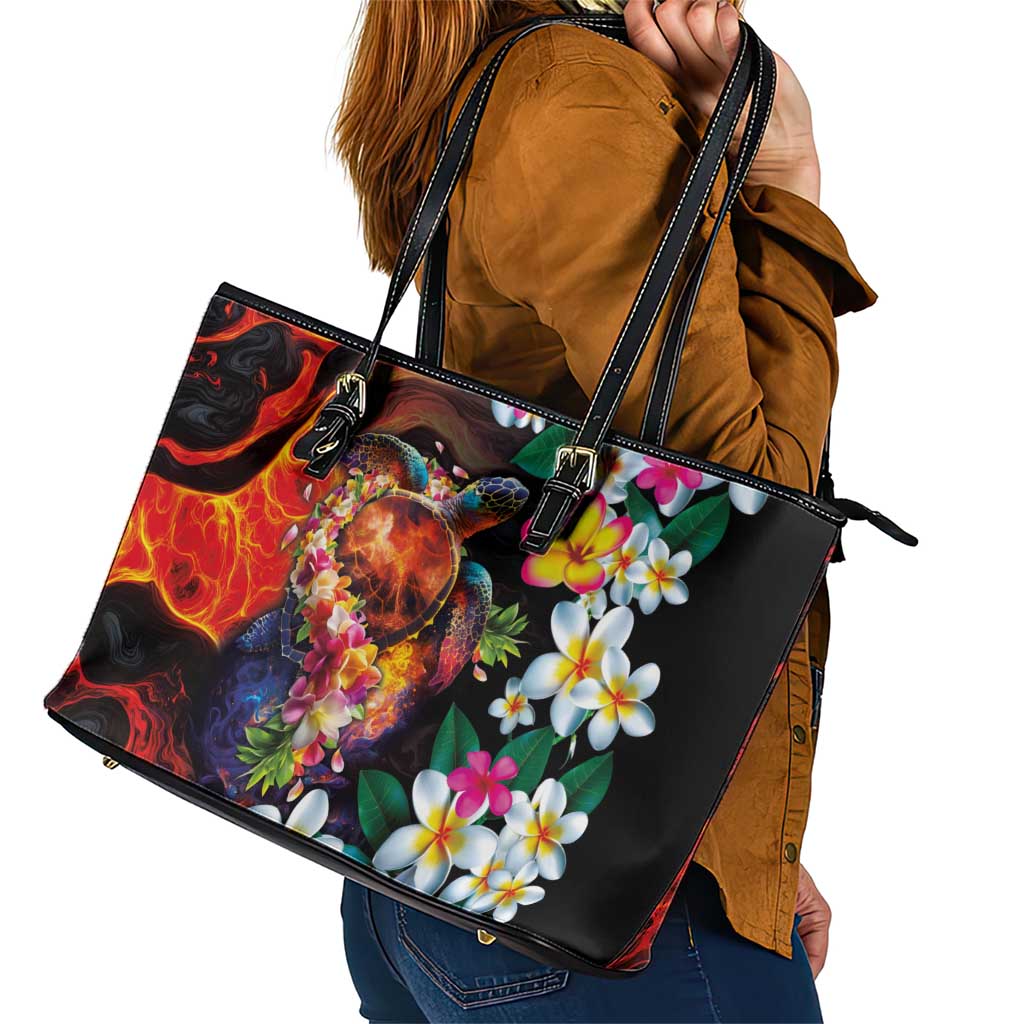 Hawaiian Lei Day Leather Tote Bag Colorful Plumeria and Volcanic Turtle with Abstract Lava Texture