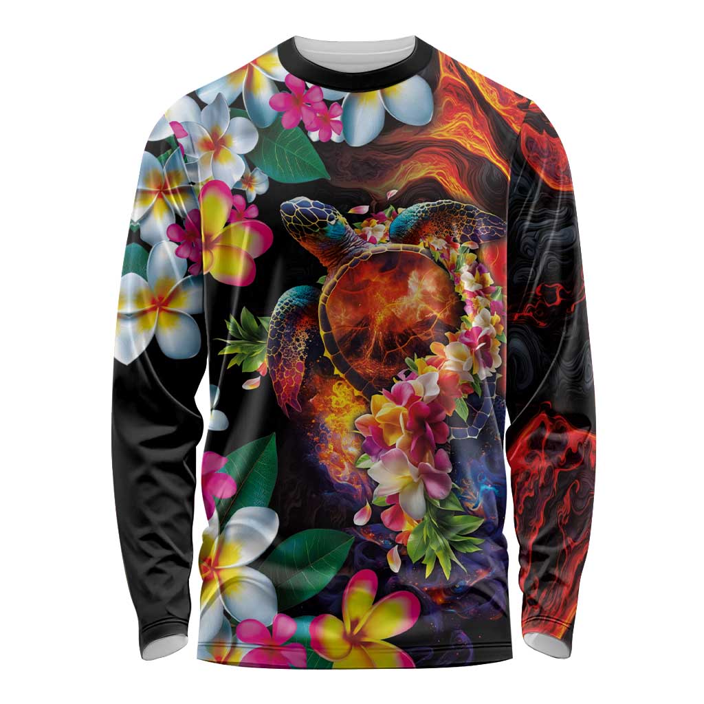 Hawaiian Lei Day Long Sleeve Shirt Colorful Plumeria and Volcanic Turtle with Abstract Lava Texture