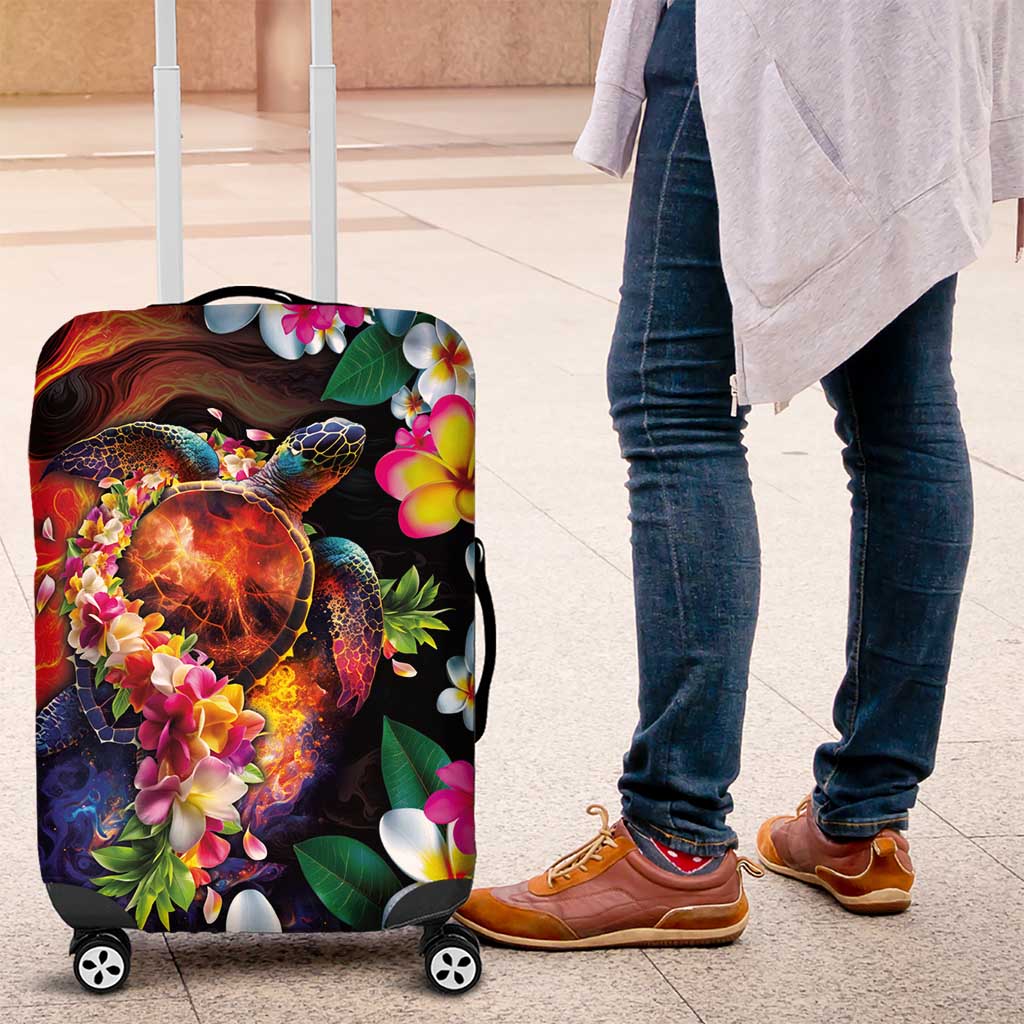 Hawaiian Lei Day Luggage Cover Colorful Plumeria and Volcanic Turtle with Abstract Lava Texture