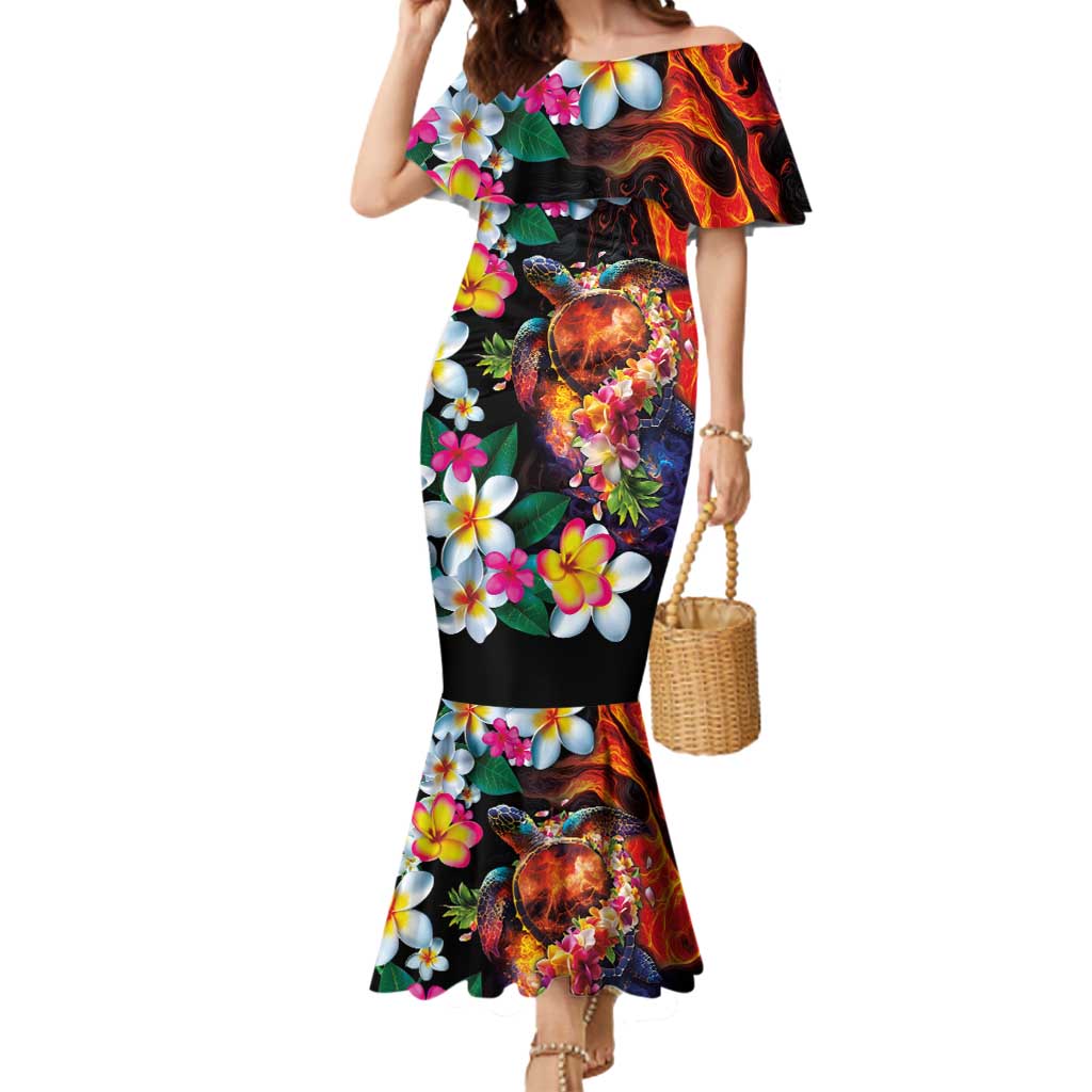 Hawaiian Lei Day Mermaid Dress Colorful Plumeria and Volcanic Turtle with Abstract Lava Texture