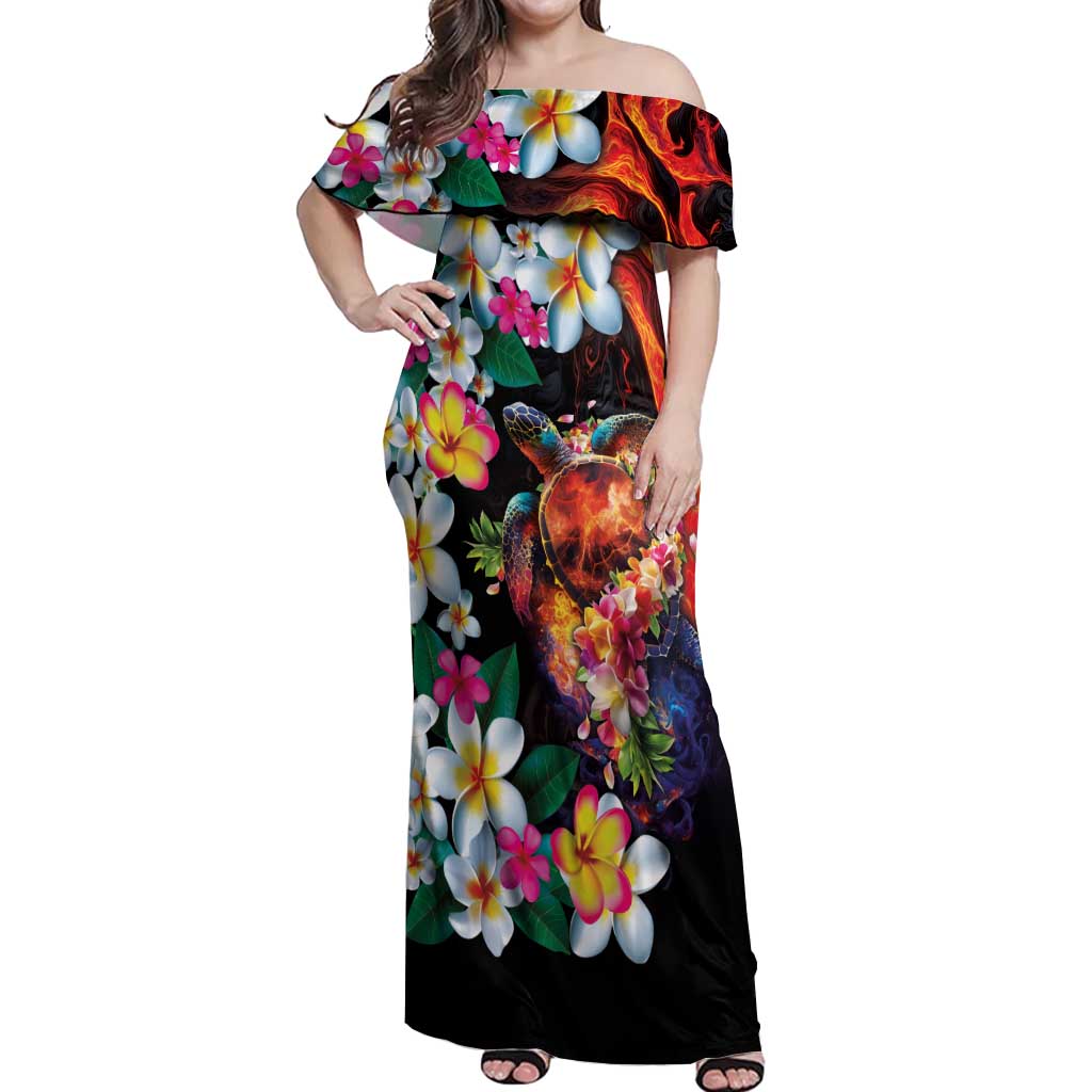 Hawaiian Lei Day Off Shoulder Maxi Dress Colorful Plumeria and Volcanic Turtle with Abstract Lava Texture