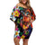 Hawaiian Lei Day Off Shoulder Short Dress Colorful Plumeria and Volcanic Turtle with Abstract Lava Texture