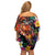 Hawaiian Lei Day Off Shoulder Short Dress Colorful Plumeria and Volcanic Turtle with Abstract Lava Texture