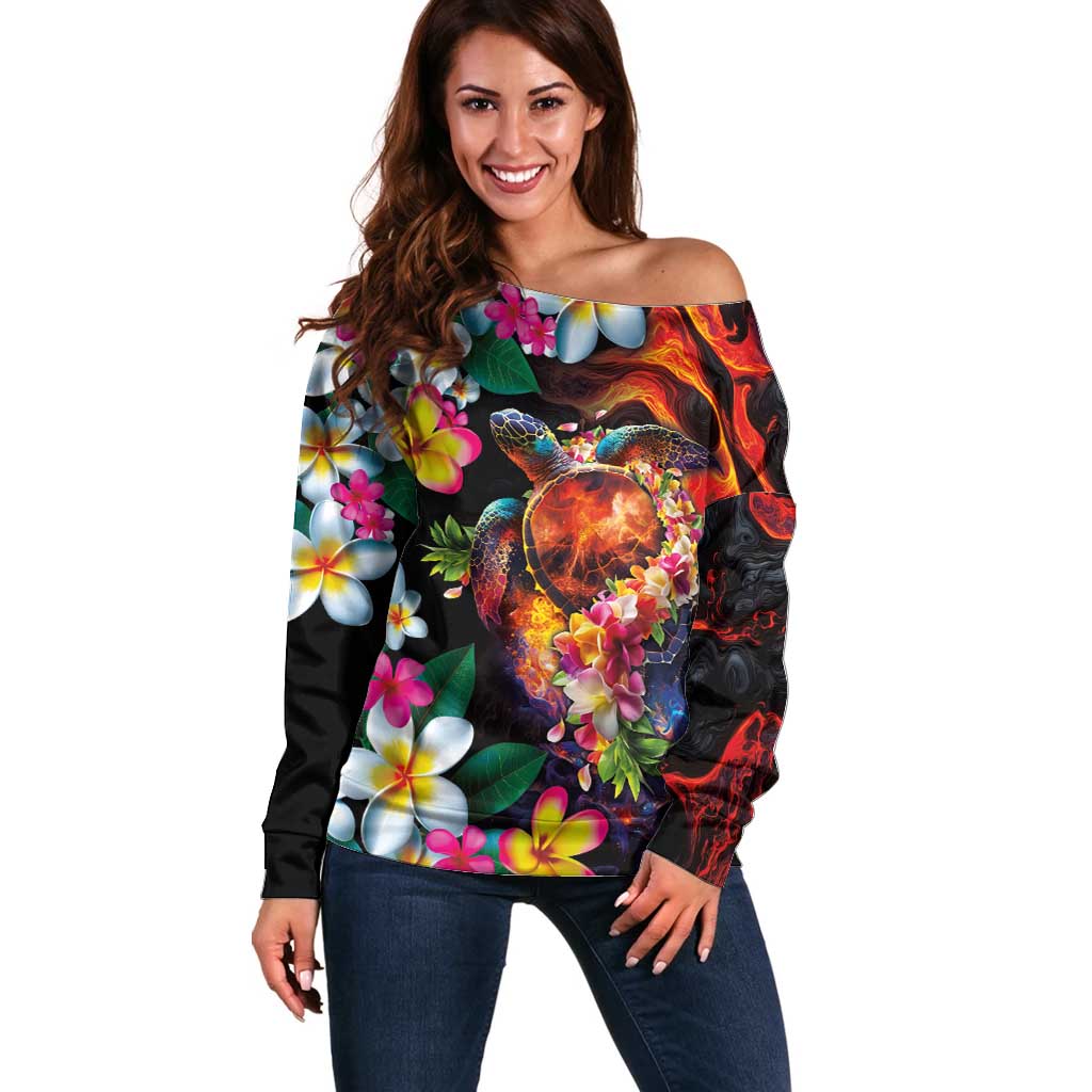 Hawaiian Lei Day Off Shoulder Sweater Colorful Plumeria and Volcanic Turtle with Abstract Lava Texture