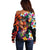 Hawaiian Lei Day Off Shoulder Sweater Colorful Plumeria and Volcanic Turtle with Abstract Lava Texture