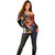 Hawaiian Lei Day Off Shoulder Sweater Colorful Plumeria and Volcanic Turtle with Abstract Lava Texture