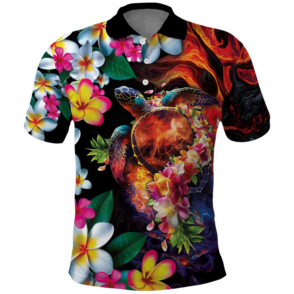 Hawaiian Lei Day Polo Shirt Colorful Plumeria and Volcanic Turtle with Abstract Lava Texture