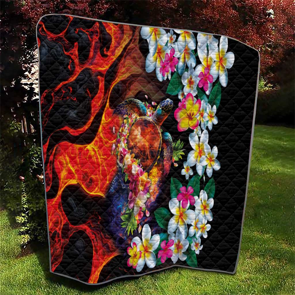 Hawaiian Lei Day Quilt Colorful Plumeria and Volcanic Turtle with Abstract Lava Texture