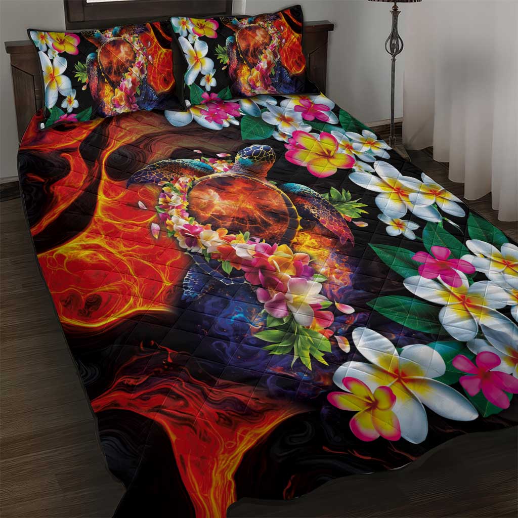 Hawaiian Lei Day Quilt Bed Set Colorful Plumeria and Volcanic Turtle with Abstract Lava Texture