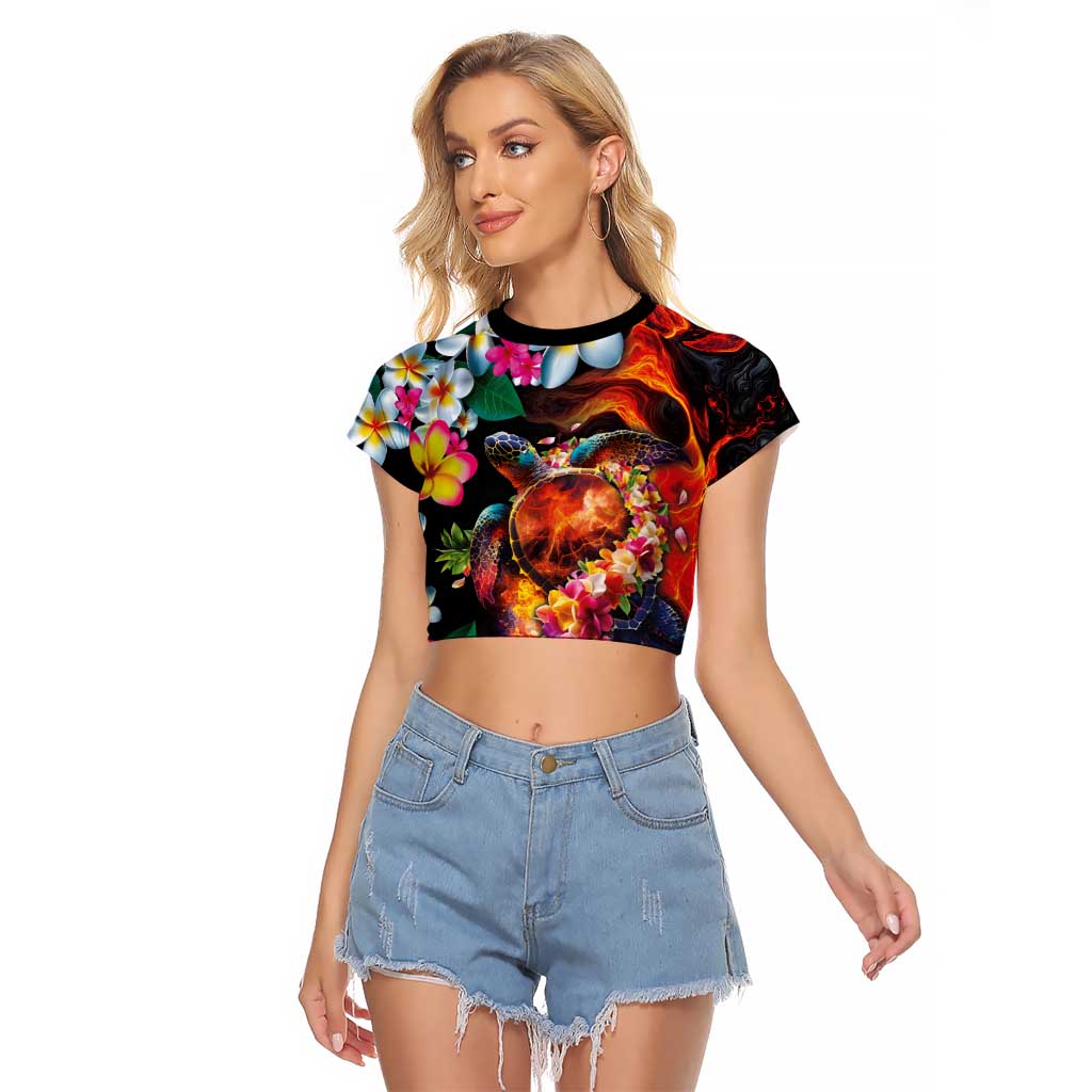 Hawaiian Lei Day Raglan Cropped T Shirt Colorful Plumeria and Volcanic Turtle with Abstract Lava Texture