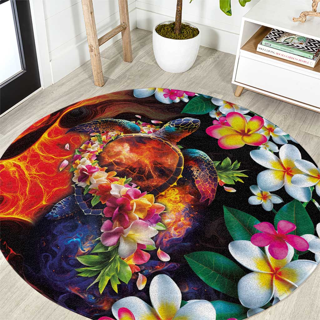 Hawaiian Lei Day Round Carpet Colorful Plumeria and Volcanic Turtle with Abstract Lava Texture