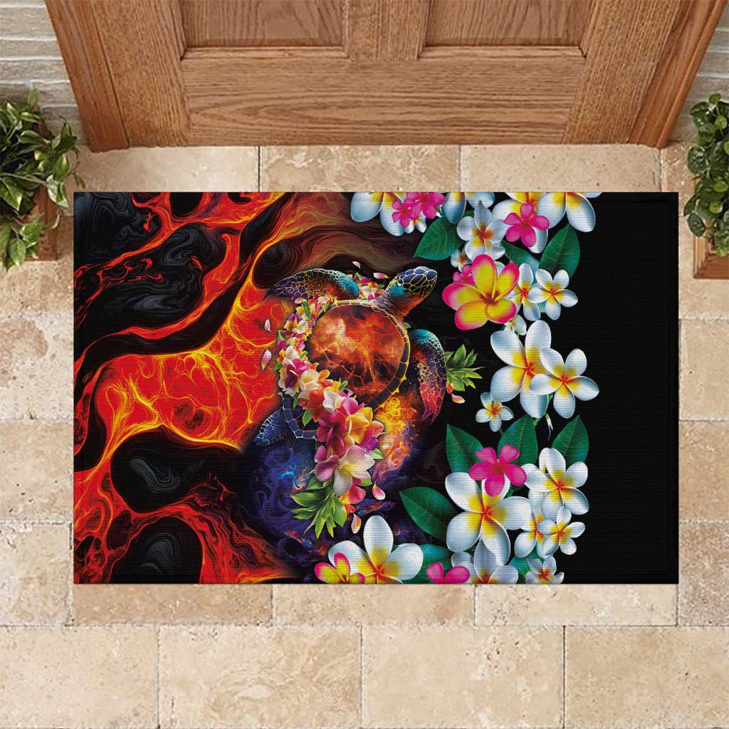 Hawaiian Lei Day Rubber Doormat Colorful Plumeria and Volcanic Turtle with Abstract Lava Texture