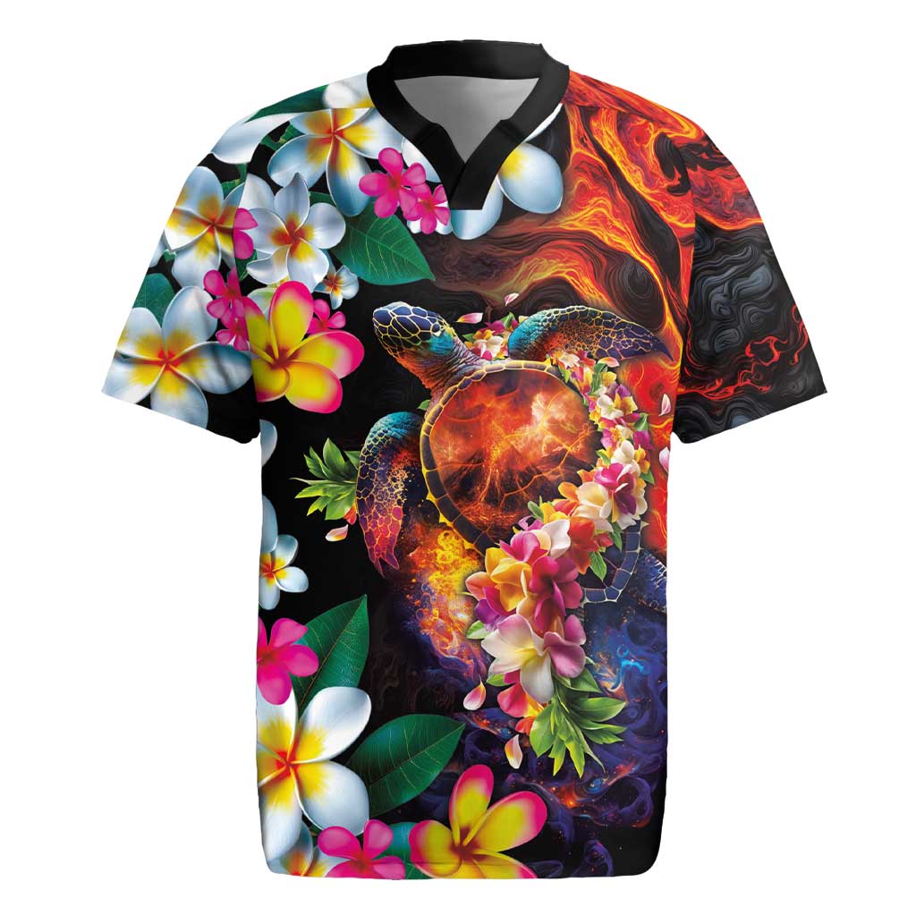 Hawaiian Lei Day Rugby Jersey Colorful Plumeria and Volcanic Turtle with Abstract Lava Texture