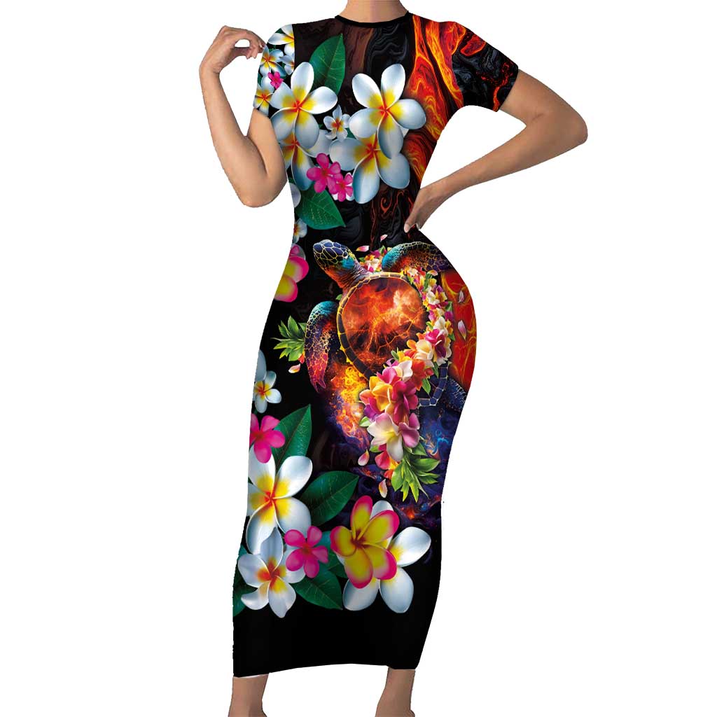 Hawaiian Lei Day Short Sleeve Bodycon Dress Colorful Plumeria and Volcanic Turtle with Abstract Lava Texture