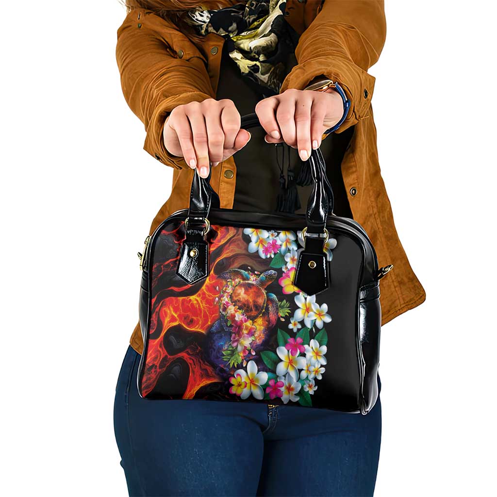 Hawaiian Lei Day Shoulder Handbag Colorful Plumeria and Volcanic Turtle with Abstract Lava Texture