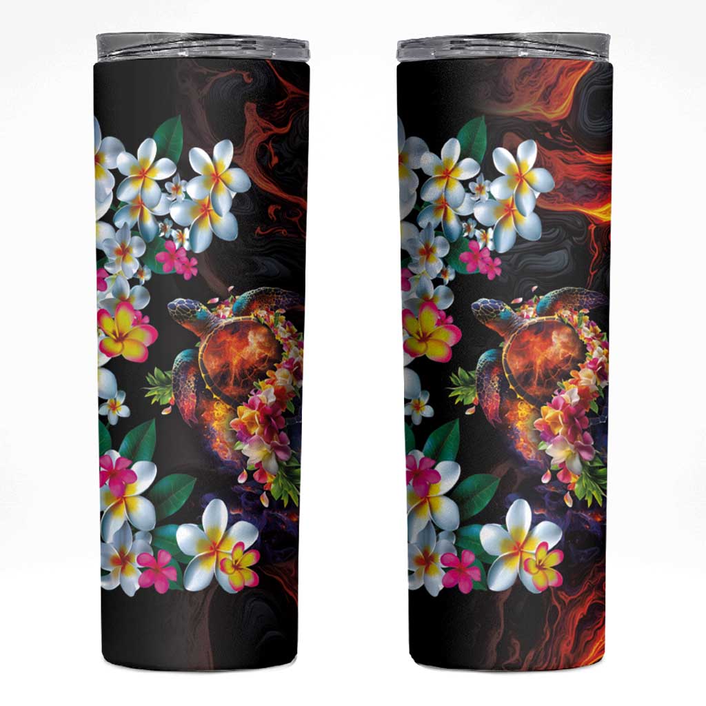 Hawaiian Lei Day Skinny Tumbler Colorful Plumeria and Volcanic Turtle with Abstract Lava Texture