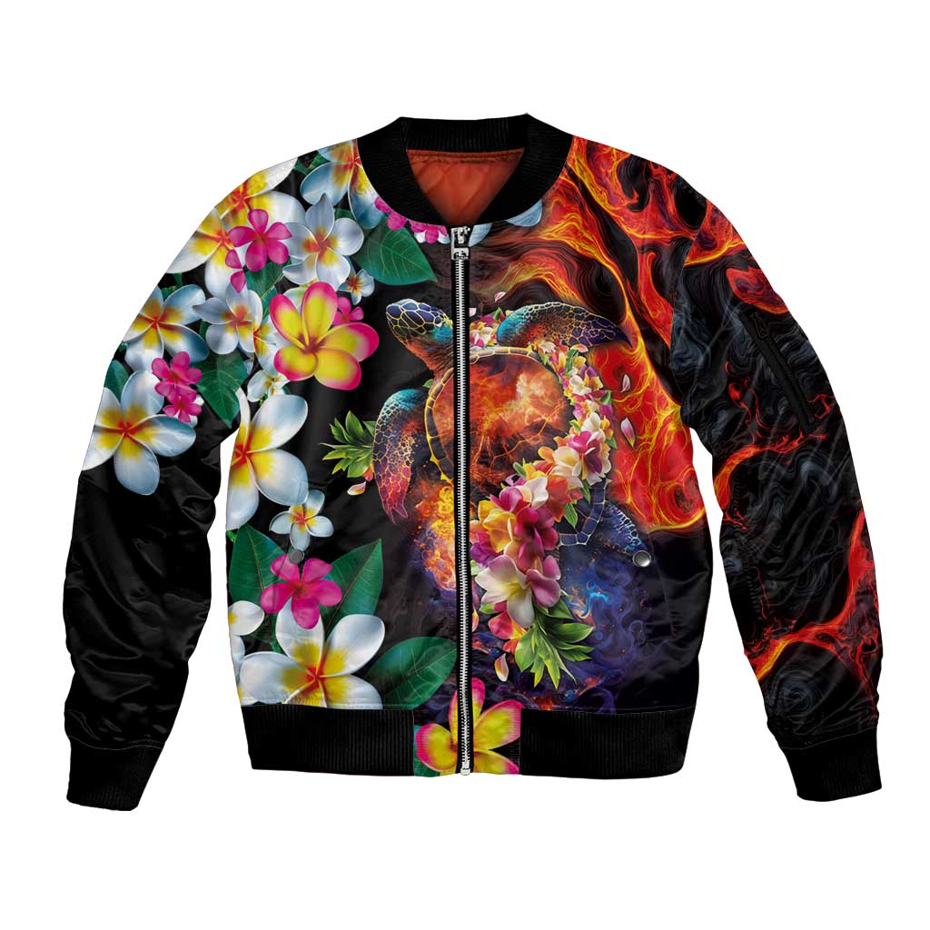 Hawaiian Lei Day Sleeve Zip Bomber Jacket Colorful Plumeria and Volcanic Turtle with Abstract Lava Texture