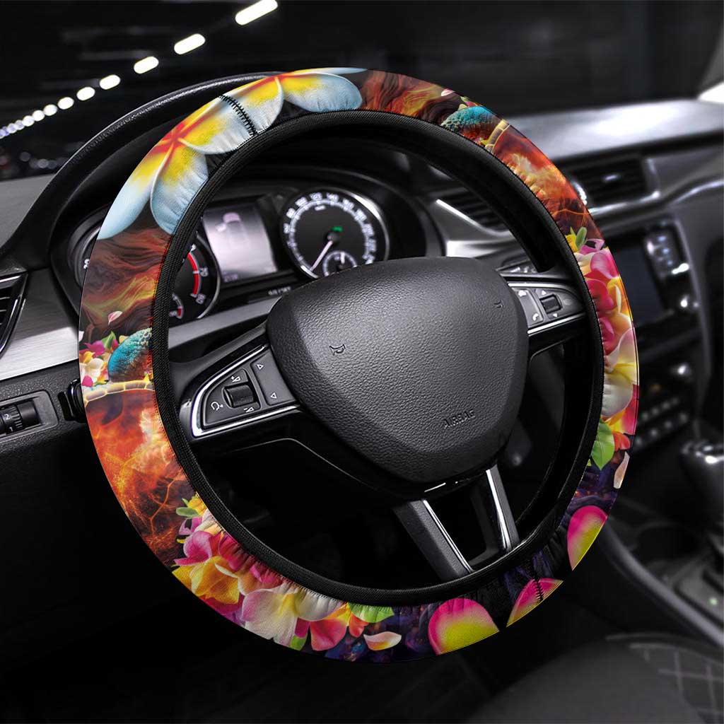 Hawaiian Lei Day Steering Wheel Cover Colorful Plumeria and Volcanic Turtle with Abstract Lava Texture