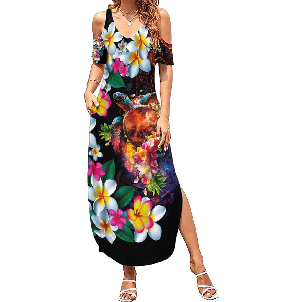 Hawaiian Lei Day Summer Maxi Dress Colorful Plumeria and Volcanic Turtle with Abstract Lava Texture