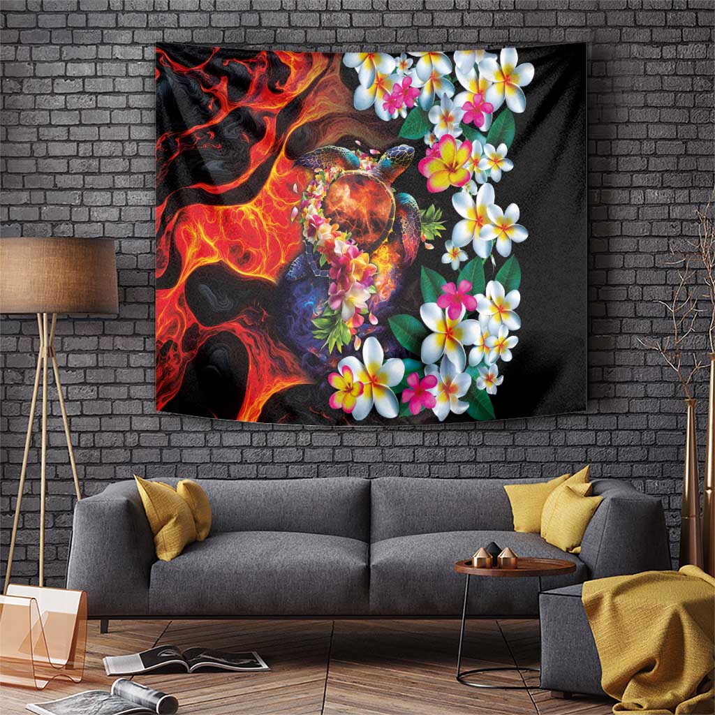 Hawaiian Lei Day Tapestry Colorful Plumeria and Volcanic Turtle with Abstract Lava Texture