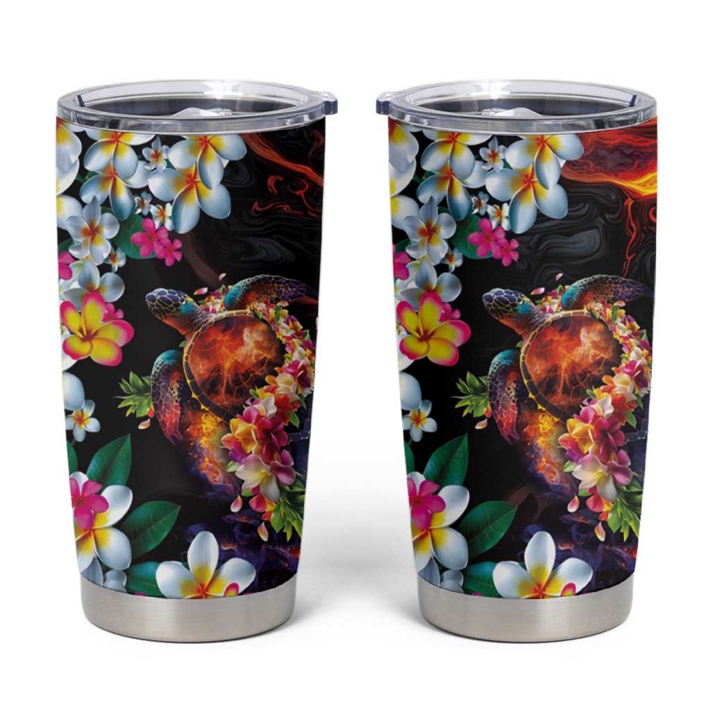 Hawaiian Lei Day Tumbler Cup Colorful Plumeria and Volcanic Turtle with Abstract Lava Texture