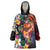 Hawaiian Lei Day Wearable Blanket Hoodie Colorful Plumeria and Volcanic Turtle with Abstract Lava Texture