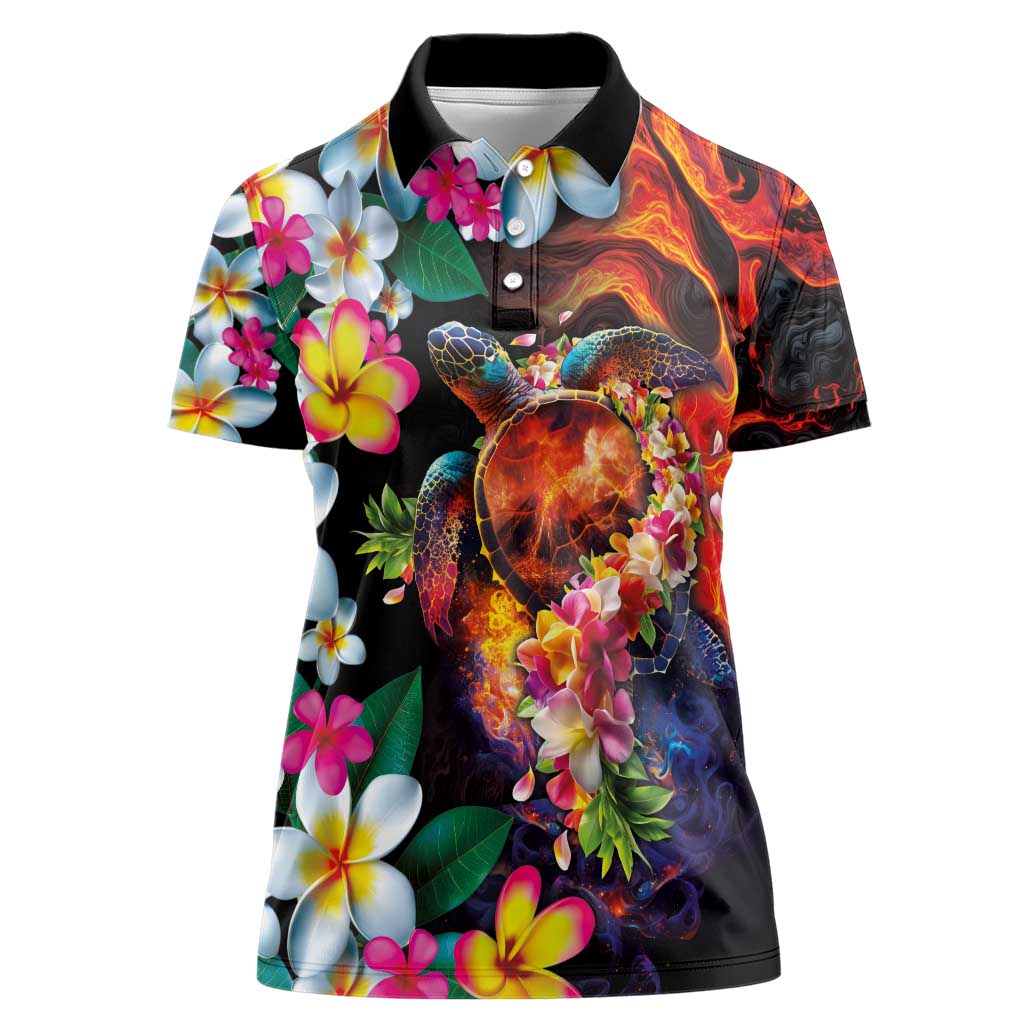 Hawaiian Lei Day Women Polo Shirt Colorful Plumeria and Volcanic Turtle with Abstract Lava Texture