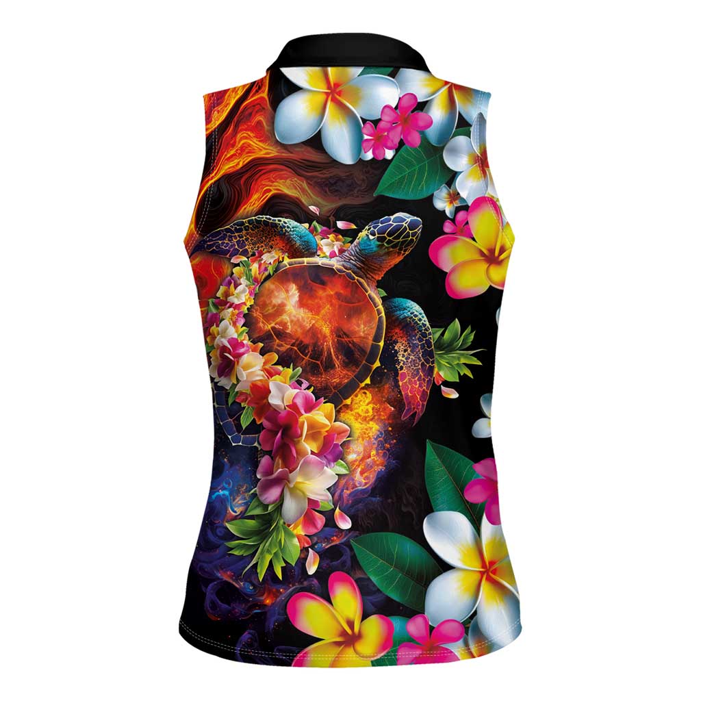 Hawaiian Lei Day Women Sleeveless Polo Shirt Colorful Plumeria and Volcanic Turtle with Abstract Lava Texture