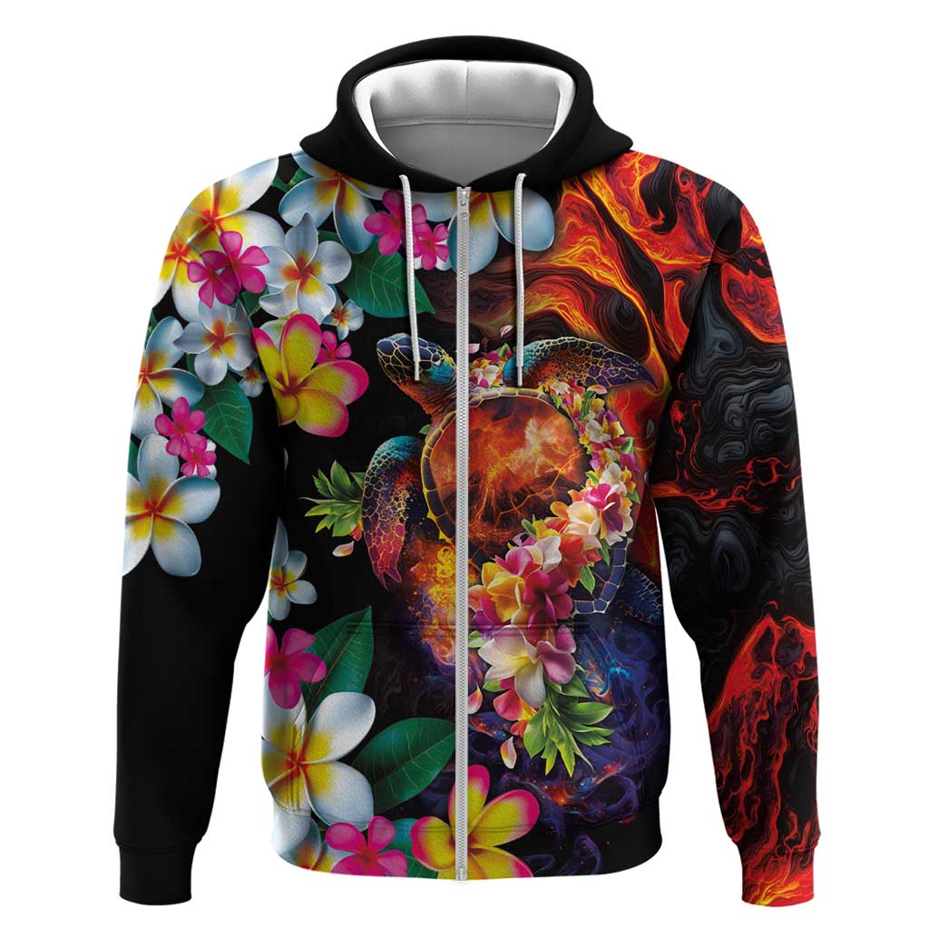 Hawaiian Lei Day Zip Hoodie Colorful Plumeria and Volcanic Turtle with Abstract Lava Texture