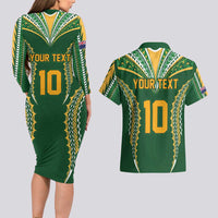 Custom Cook Islands Rugby League Couples Matching Long Sleeve Bodycon Dress and Hawaiian Shirt Tatau Tribal Pattern-Special Edition Green Color LT03 - Polynesian Pride