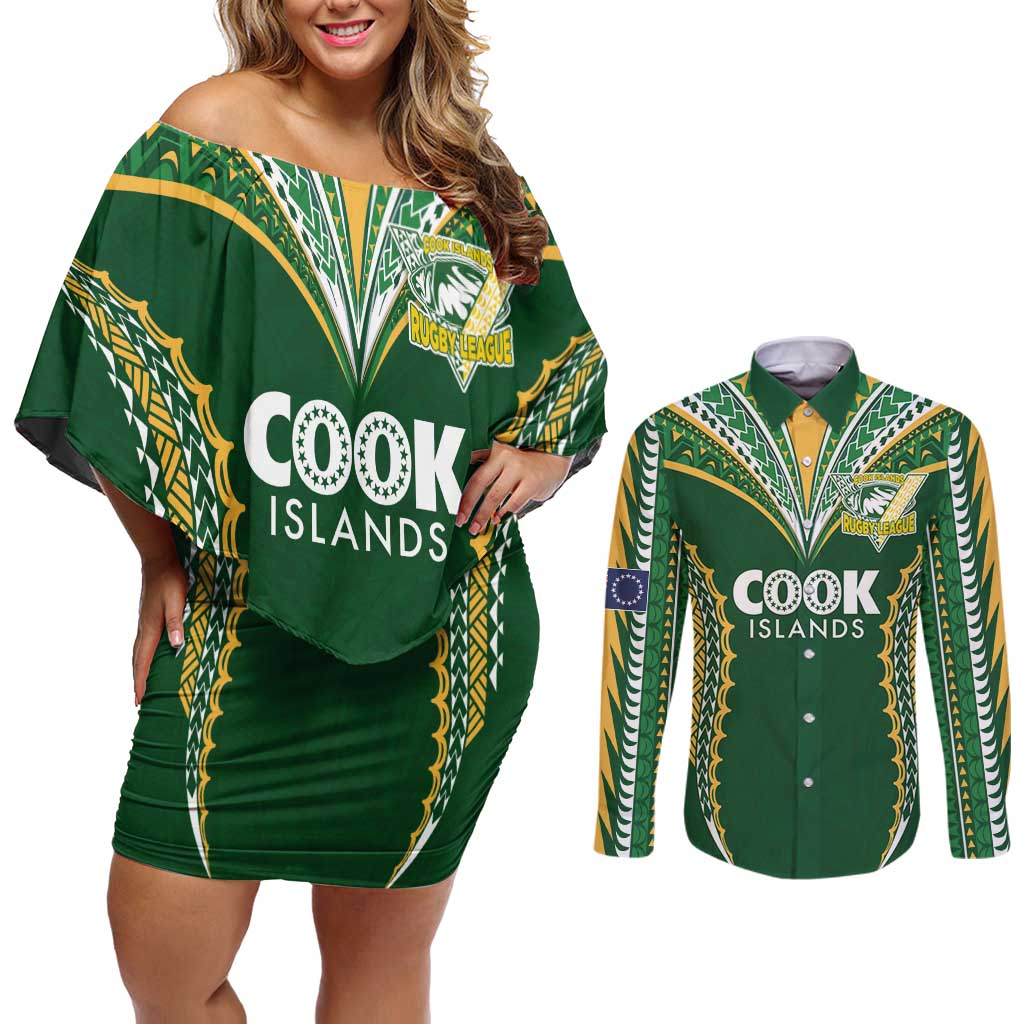 Custom Cook Islands Rugby League Couples Matching Off Shoulder Short Dress and Long Sleeve Button Shirt Tatau Tribal Pattern-Special Edition Green Color LT03 Green-Yellow - Polynesian Pride