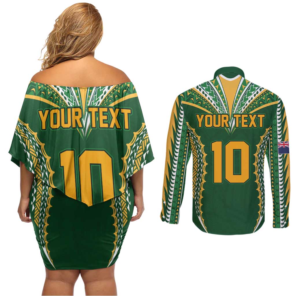 Custom Cook Islands Rugby League Couples Matching Off Shoulder Short Dress and Long Sleeve Button Shirt Tatau Tribal Pattern-Special Edition Green Color LT03 - Polynesian Pride