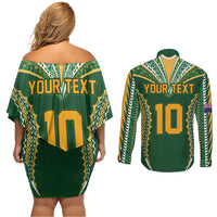 Custom Cook Islands Rugby League Couples Matching Off Shoulder Short Dress and Long Sleeve Button Shirt Tatau Tribal Pattern-Special Edition Green Color LT03 - Polynesian Pride
