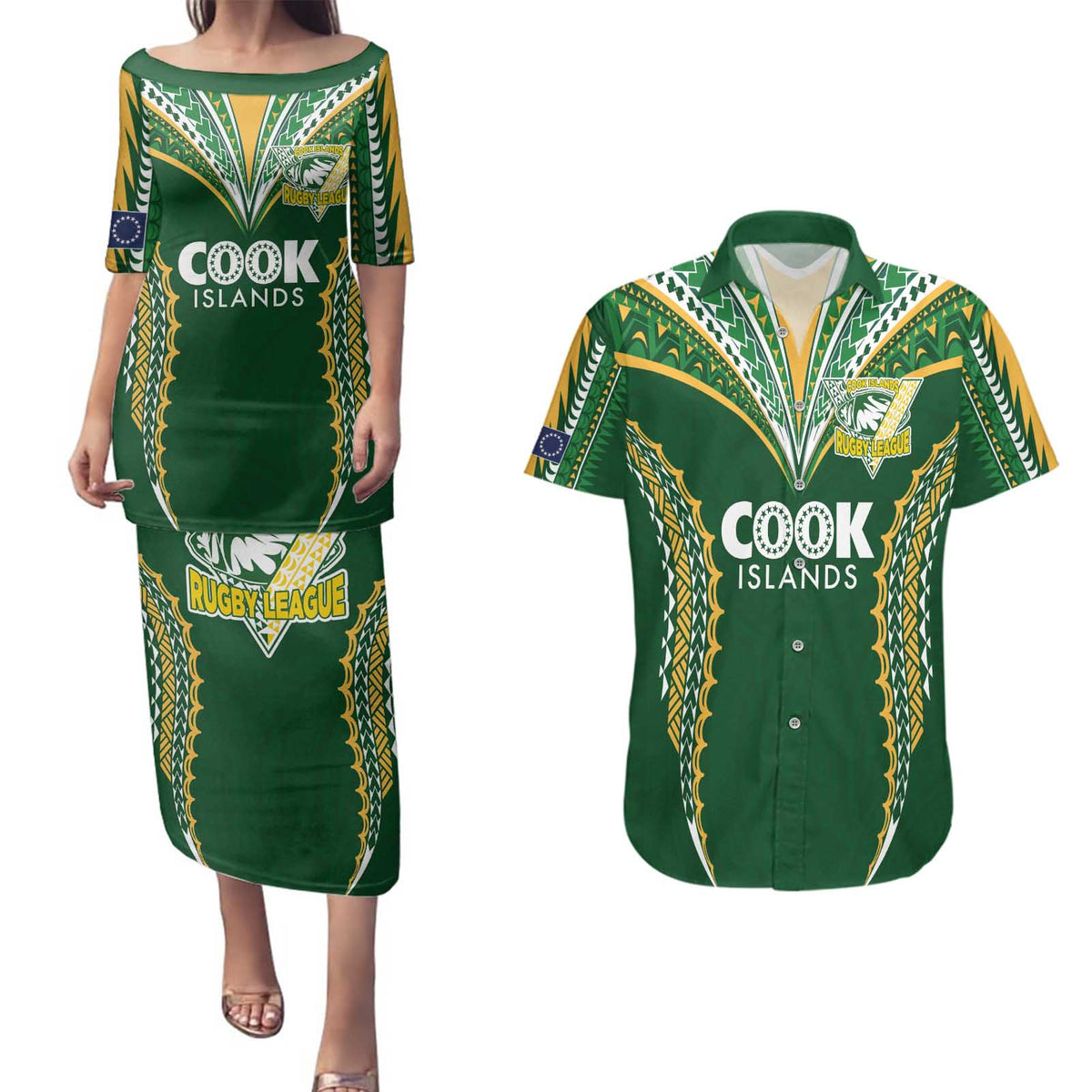 Custom Cook Islands Rugby League Couples Matching Puletasi and Hawaiian Shirt Tatau Tribal Pattern-Special Edition Green Color LT03 Green-Yellow - Polynesian Pride
