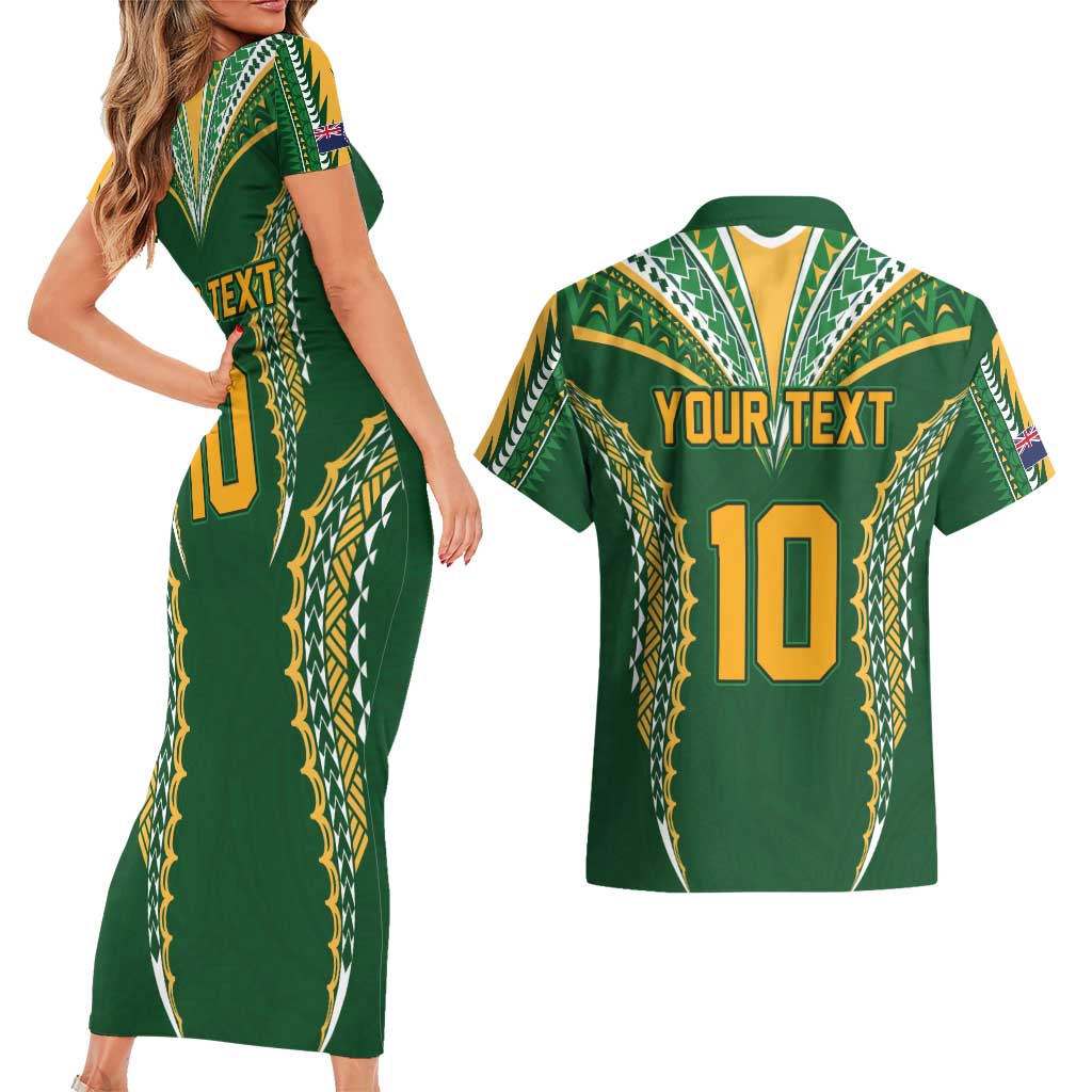 Custom Cook Islands Rugby League Couples Matching Short Sleeve Bodycon Dress and Hawaiian Shirt Tatau Tribal Pattern-Special Edition Green Color LT03 - Polynesian Pride