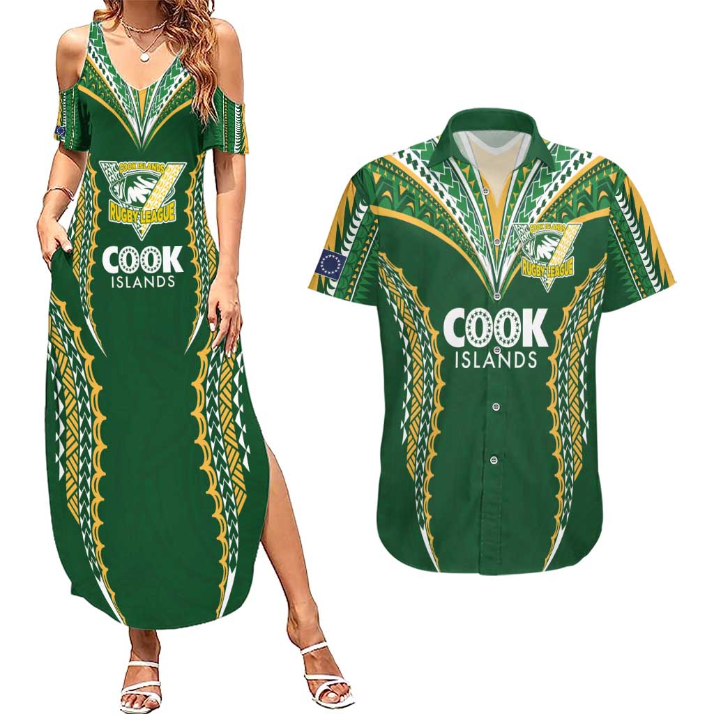 Custom Cook Islands Rugby League Couples Matching Summer Maxi Dress and Hawaiian Shirt Tatau Tribal Pattern-Special Edition Green Color