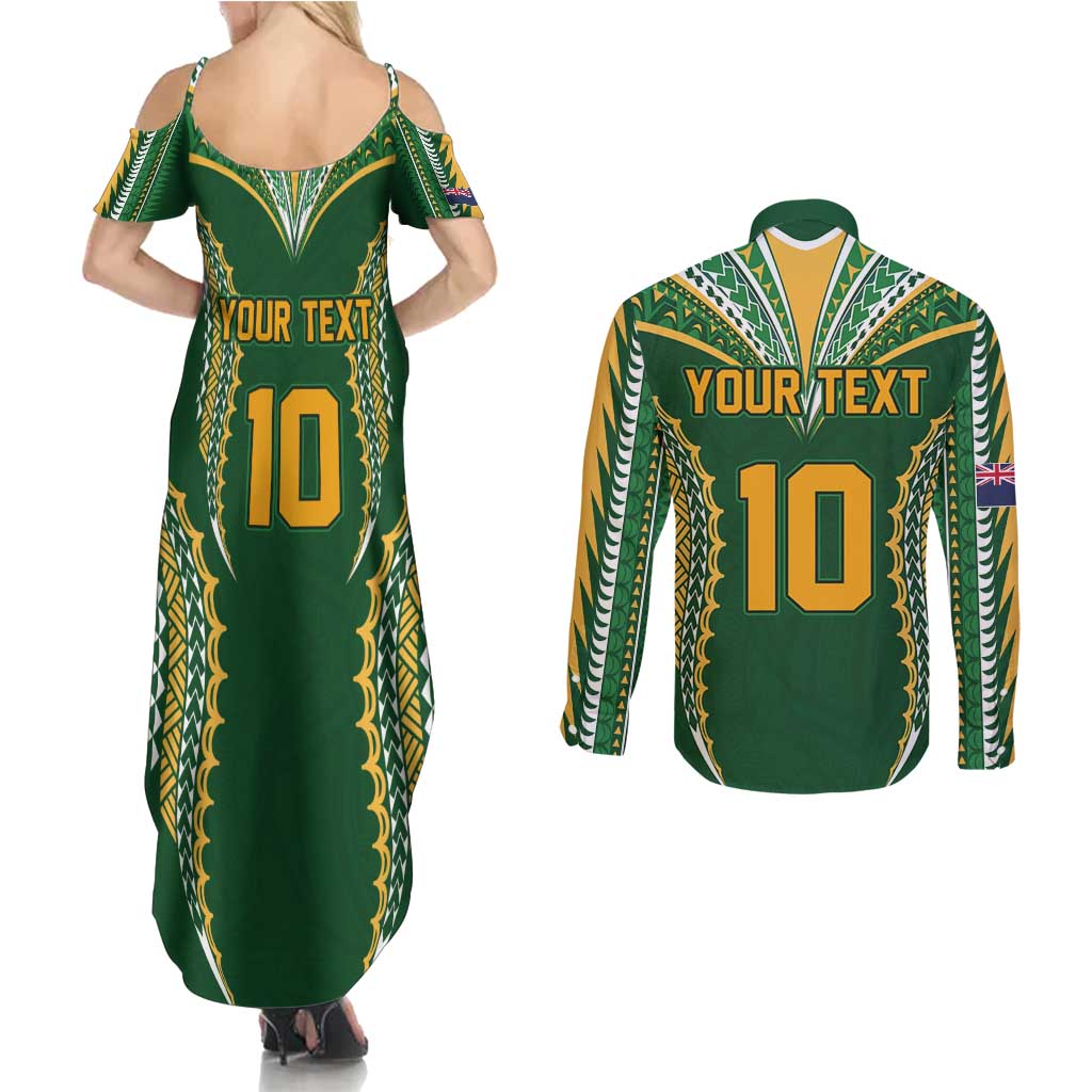 Custom Cook Islands Rugby League Couples Matching Summer Maxi Dress and Long Sleeve Button Shirt Tatau Tribal Pattern-Special Edition Green Color LT03 - Polynesian Pride