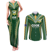 Custom Cook Islands Rugby League Couples Matching Tank Maxi Dress and Long Sleeve Button Shirt Tatau Tribal Pattern-Special Edition Green Color LT03 Green-Yellow - Polynesian Pride