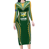 Custom Cook Islands Rugby League Family Matching Long Sleeve Bodycon Dress and Hawaiian Shirt Tatau Tribal Pattern-Special Edition Green Color LT03 Mom's Dress Green-Yellow - Polynesian Pride